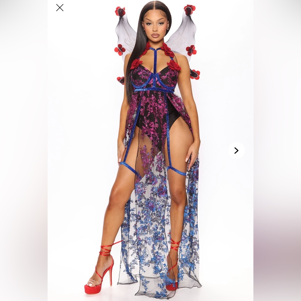 Fashion Nova Sheer Floral Lace Overlay Dress With Wings